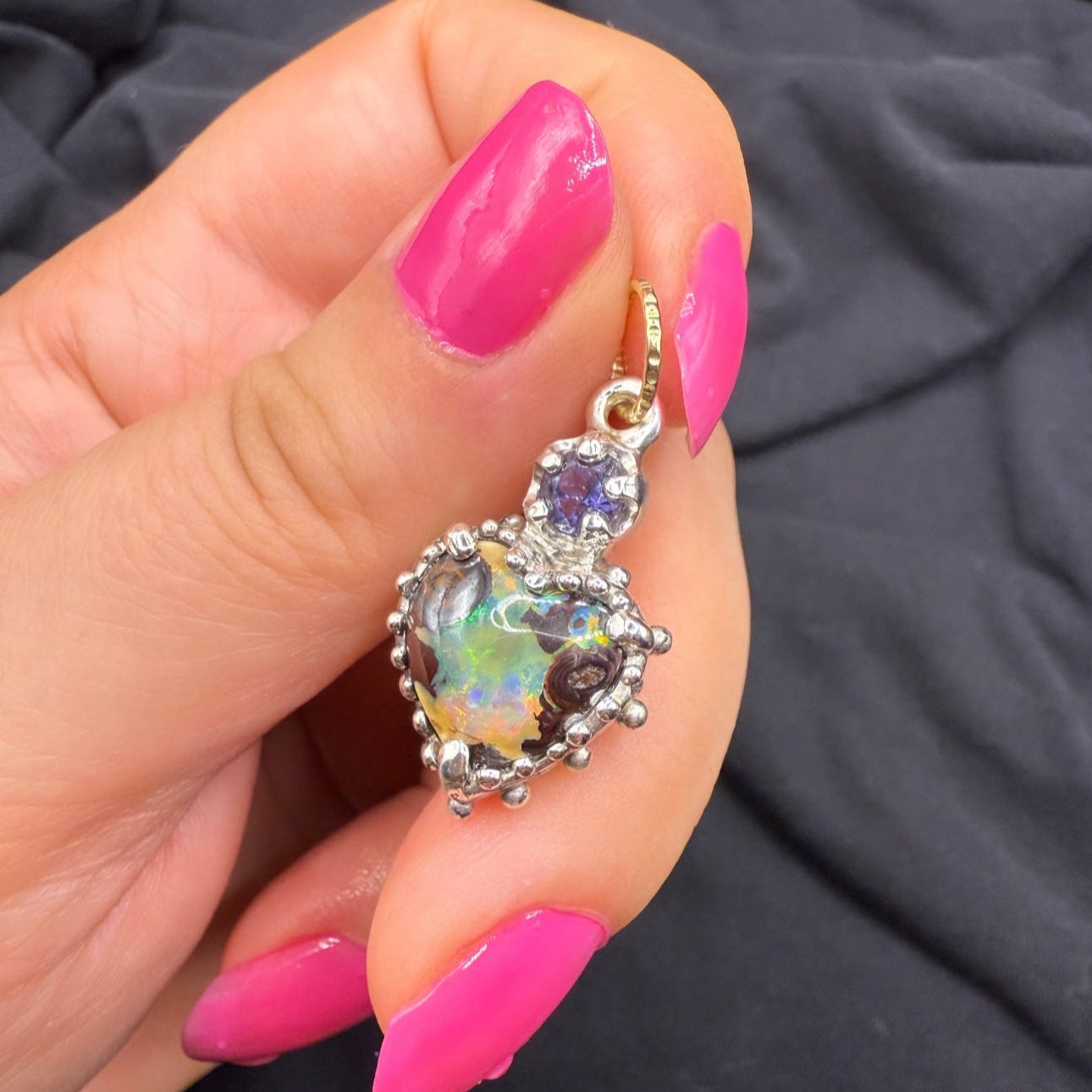 Iolite & Australian Opal Quirky Heart Pendant (Sterling Silver)