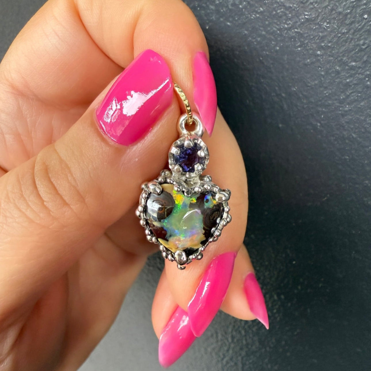 Iolite & Australian Opal Quirky Heart Pendant (Sterling Silver)