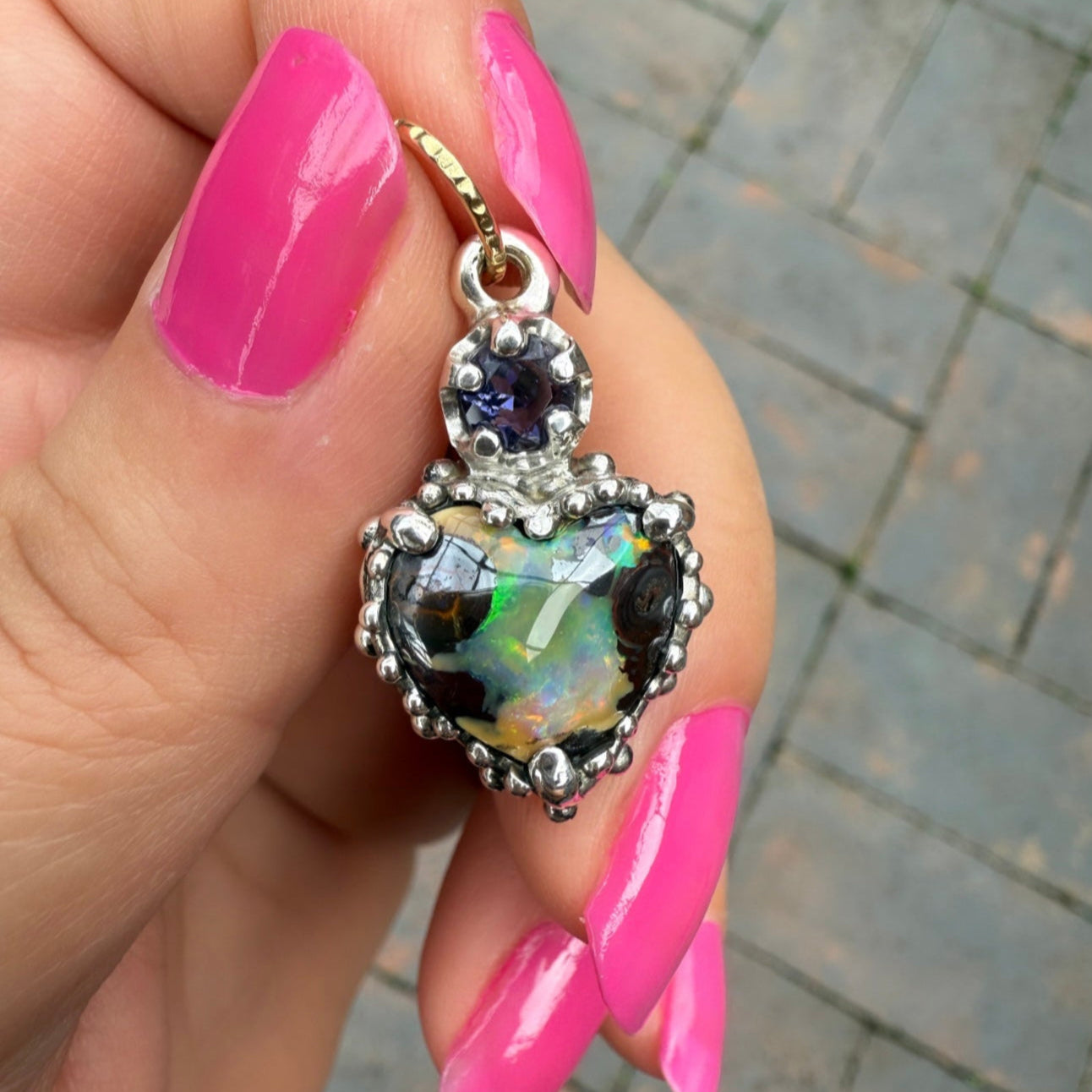 Iolite & Australian Opal Quirky Heart Pendant (Sterling Silver)