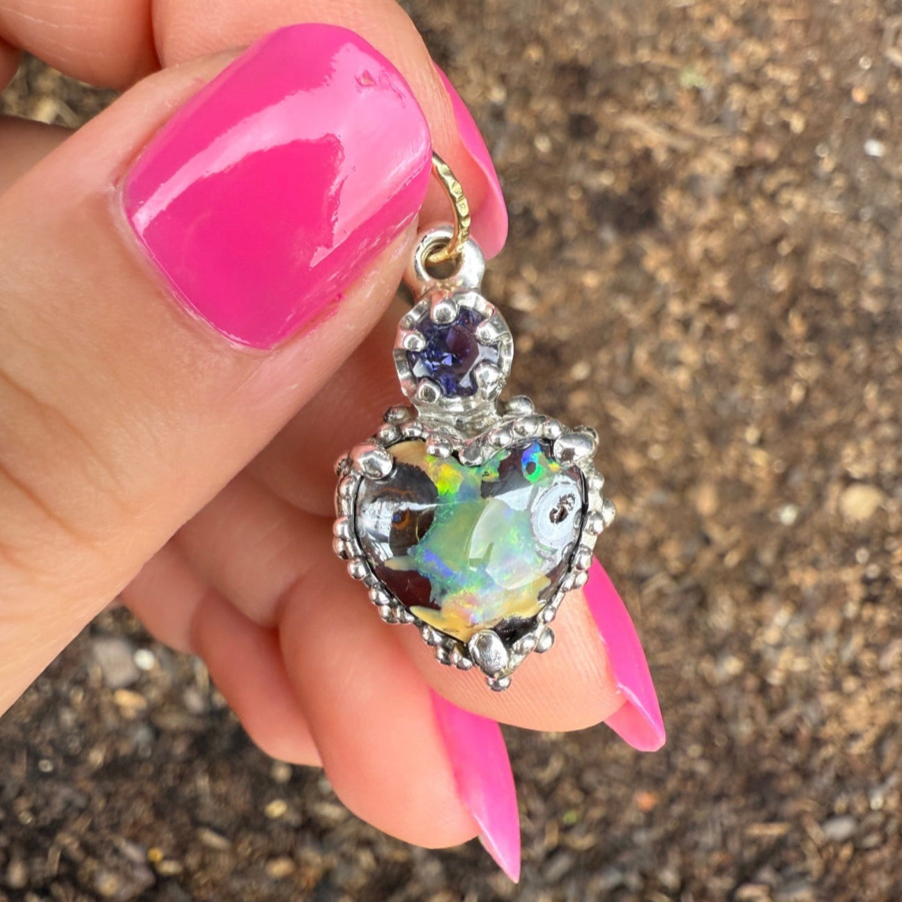 Iolite & Australian Opal Quirky Heart Pendant (Sterling Silver)